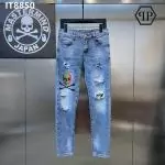 jeans slim philipp plein pour homme paris crane meulage trou brise